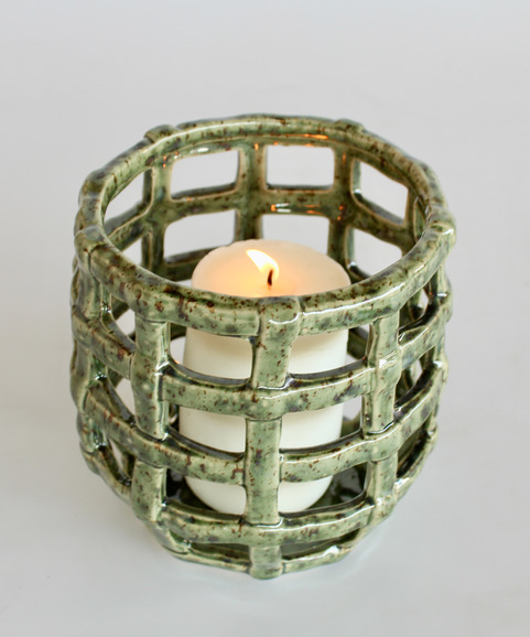 Dark Green Ceramic Weave Candle Holder